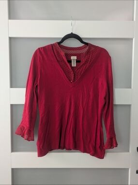Covington Red V-Neck Long Sleeve Top with Polka Dot Mesh Trim